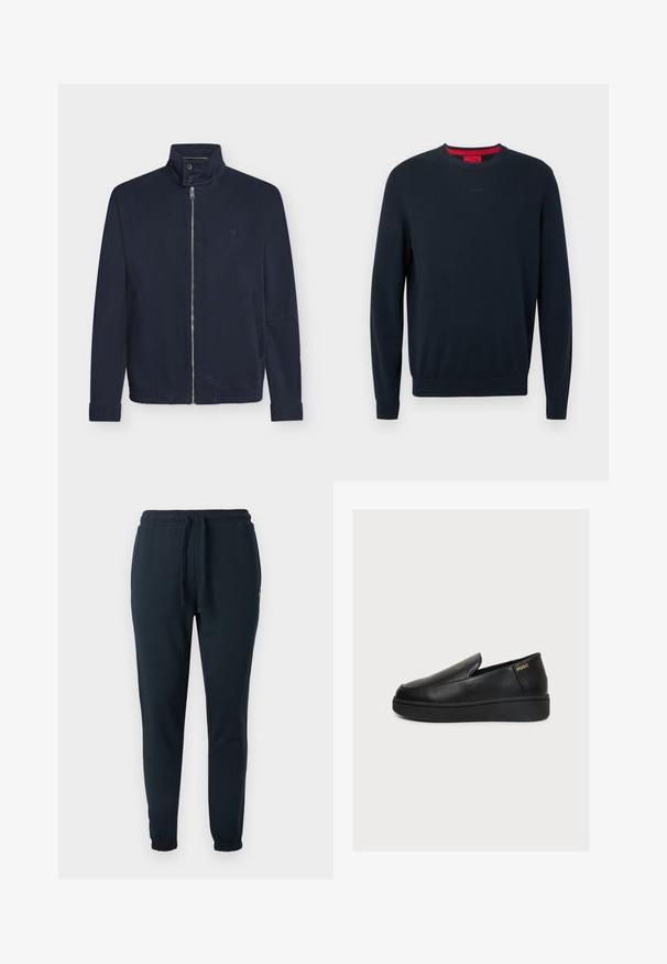 Donkerblauw jack met ritssluiting aan de voorkant, hoge kraag met twee knopen, lange mouwen, zijzakken en een klein logo op de borst.; Donkerblauwe sweater met ronde hals gemaakt van zacht materiaal. Voorzien van lange mouwen, geribbelde boorden en een klein reliëflogo aan de voorkant.; Donkerblauwe joggingbroek van katoenmix, met een elastische tailleband met trekkoord en boorden bij de enkels. Klein geel logodetail.; Zwarte leren slip-on platformschoen met dikke zool en klein gouden "HUGO" logo nabij de hiel op een effen lichte achtergrond.