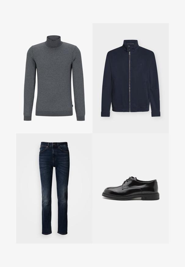 Tumesinine jakk esiluku, kõrge krae kahe nööbiga, pikad varrukad, küljetaskud ja väike logo rinnal.; Hall hallhalli sweater pehmest kudumisest. Omab pikki varrukasid, ribatud kraed ja regulaarset lõike, millel on sile tekstuur.; Tumesinised teksapüksid sirge lõikega, millel on traditsiooniline viie taskuga disain, nähtav õmblus ja vöökohal nööp.; Musta nahast kleitking, millel on sile viimistlus, ümar varvas ja nöörid. Omab paksu musta tallat ja peent niiditööd serva ääres.