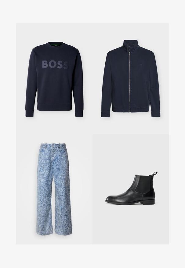 Veste bleu marine avec fermeture éclair devant, col montant à deux boutons, manches longues, poches latérales et petit logo sur la poitrine.; Sweat-shirt bleu marine à manches longues avec poignets et ourlet côtelés, arborant un lettrage "BOSS" en relief sur la poitrine.; Jean bleu flou à jambes larges avec une finition texturée, doté d'une taille traditionnelle et de quatre poches, fermeture par bouton et zip à l'avant.; Bottine en cuir noir avec des panneaux latéraux élastiques, bout rond et tirette. Texture lisse, semelle plate, design minimaliste.