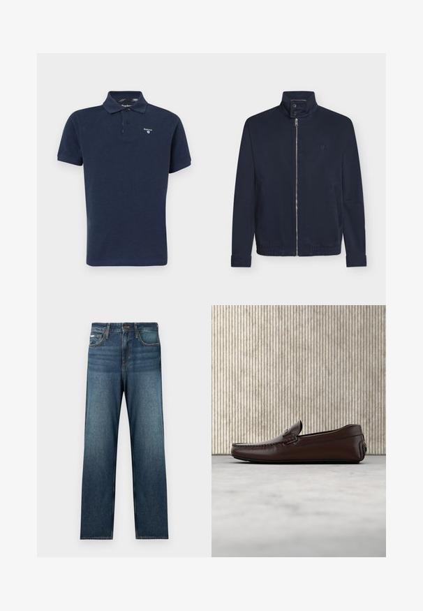 Veste bleu marine avec fermeture éclair devant, col montant à deux boutons, manches longues, poches latérales et petit logo sur la poitrine.; Polo shirt bleu marine en coton, avec une patte de boutonnage à deux boutons, des manches courtes et un petit logo sur la poitrine gauche. Tissu texturé.; Jean bleu foncé avec une coupe droite, un design à cinq poches et un léger effet délavé. Fabriqué en tissu denim avec des détails de couture classiques.; Mocassins en cuir marron avec une finition lisse, des coutures de style mocassin, un bout rehaussé et une semelle en caoutchouc basse et flexible.