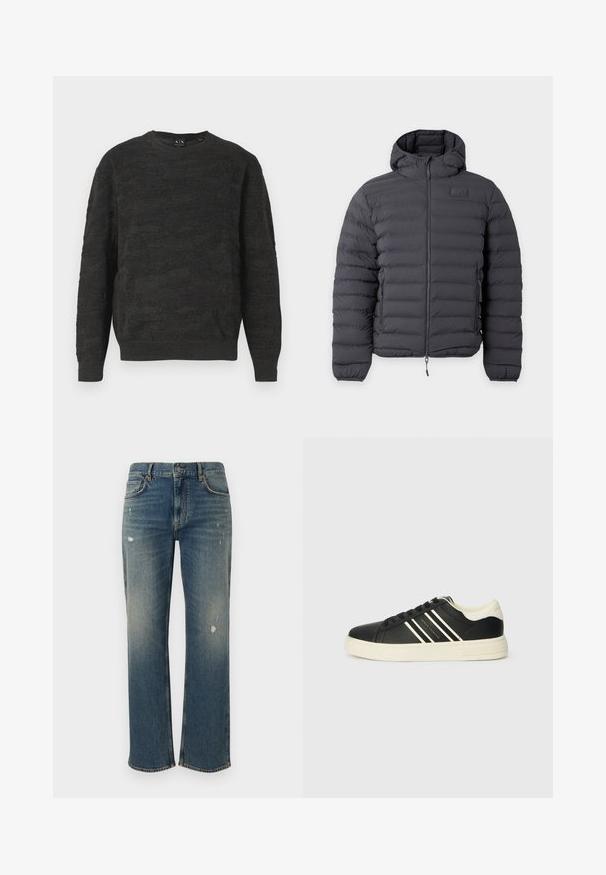 Doudoune noire à capuche avec fermeture éclair frontale et poches latérales zippées, avec un petit patch logo sur le côté gauche de la poitrine.; Pull noir tricoté avec un motif en zigzag texturé, encolure ronde et manches longues. Le tissu présente une texture douce et respirante.; Jeans en denim bleu moyen avec une coupe droite, présentant des décolorations légères et des patches usés. Design classique à cinq poches et fermeture par bouton supérieur.; Baskets noires en cuir lisse avec des accents crème, comportant trois rayures horizontales et une semelle en caoutchouc texturé. Design simple à lacets.