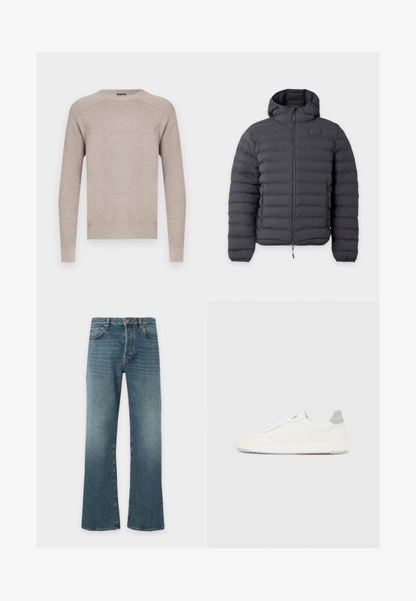 Doudoune noire à capuche avec fermeture éclair frontale et poches latérales zippées, avec un petit patch logo sur le côté gauche de la poitrine.; Pull en maille beige avec un col rond, manches longues et bords-côtes aux poignets et à l'ourlet. Texture lisse avec un motif subtil et uniforme.; Jean en denim bleu avec un léger évasement en bas, design classique à cinq poches, fermeture par bouton et fermeture éclair, et légère décoloration sur les cuisses.; Baskets basses blanches avec un onglet de talon gris, des lacets blancs et une semelle texturée, présentées sur un fond uni clair.