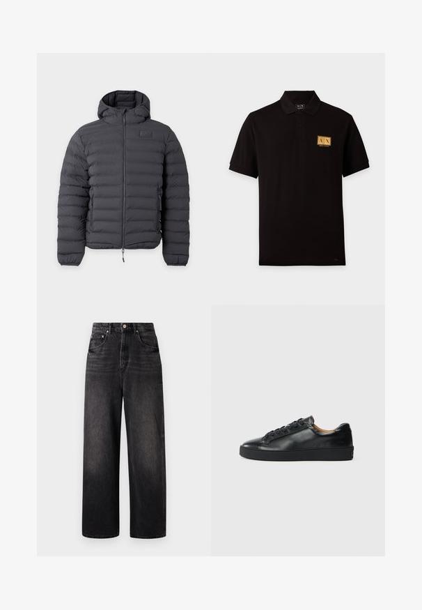 Schwarze gepolsterte Kapuzenjacke mit Frontreißverschluss und Reißverschlusstaschen an den Seiten, mit kleinem Logopatch auf der linken Brust.; Schwarzes kurzärmeliges Poloshirt mit Zwei-Knopf-Leiste und goldenem Armani Exchange Logoaufnäher auf der linken Brust.; Schwarze Jeans aus Denim mit lockerer Passform, hoher Taille, fünf Taschen und sichtbarem Knopfverschluss. Sie verfügen über dezente Verblassung und ein gerades Bein-Design.; Schwarze Leder-Sneaker mit glatter Textur, runder Zehenpartie und Schnürverschluss. Verfügt über eine dicke Gummisohle und minimalistische Marken-Details.