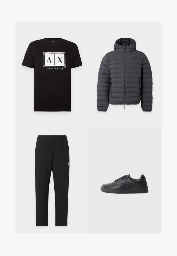 Doudoune noire à capuche avec fermeture éclair frontale et poches latérales zippées, avec un petit patch logo sur le côté gauche de la poitrine.; T-shirt noir à manches courtes avec un logo rectangulaire blanc affichant "A | X" et le texte "Armani Exchange" centré sur la poitrine.; Pantalon de sport noir fuselé avec taille élastique et petit logo blanc "EA7 Emporio Armani" sur la partie supérieure de la cuisse.; Chaussure de sport en cuir noir avec une finition lisse, bout arrondi, panneau latéral texturé et lacets noirs. Présente une semelle en caoutchouc plate et un design minimaliste.