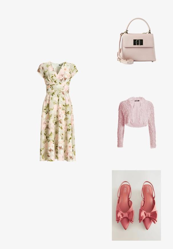 Cardigan court rose clair duveteux avec manches longues et devant ouvert, texturé avec un tissu doux et duveteux.; Robe portefeuille verte à imprimé floral avec manches courtes, taille cintrée et jupe midi évasée présentant des fleurs roses et blanches ainsi que des feuilles vertes.; Chaussures à talons rose satinées avec un bout pointu et un grand nœud sur le devant. Texture lisse et design à talon ouvert.; Petit sac à main en cuir rose clair avec poignée supérieure, bandoulière amovible et fermoir rectangulaire doré sur le rabat avant.