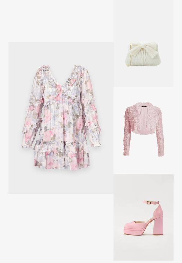 Hellrosa, kurz geschnittener, flauschiger Cardigan mit langen Ärmeln und offenem Vorderteil, texturiert mit weichem, zotteligem Stoff.; Blumenkleid mit rosa und grauen Rosen auf hellem Hintergrund. Mit gerüschtem Ausschnitt und Ärmeln sowie einem gestuften, ausladenden Saum.; Rosa High Heels mit Plattform, abgerundetem Zehenbereich, Knöchelriemen und Blockabsatz. Glattes Material mit feiner Textur und goldener Schnallen-Detail.; Weißes, gefaltetes Clutch-Case mit einem auffälligen Schleifendetail und einem goldenen Kettenriemen. Weiche Textur mit einem gerafften Design auf der Vorderseite.
