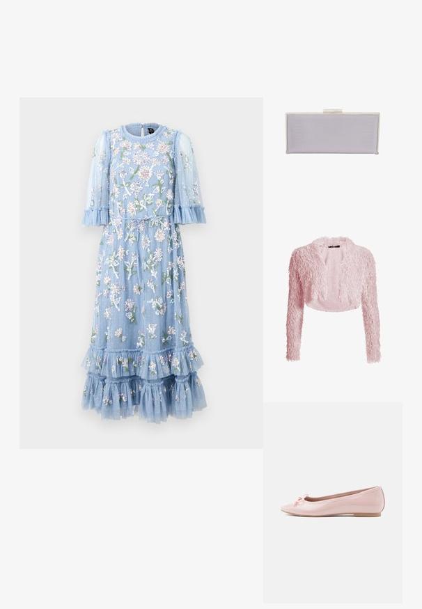 Hellrosa, kurz geschnittener, flauschiger Cardigan mit langen Ärmeln und offenem Vorderteil, texturiert mit weichem, zotteligem Stoff.; Hellblaues, floral besticktes Kleid aus transparentem Stoff mit Rüschensleeven und Rüsche am Saum. Es hat eine Bindegürtel und geschichtete Fransenakzente.; Rosa Ballerinas aus Lackleder mit spitzer Zehenpartie und dekorativer Schleife vorne. Mit flacher Sohle und nahtlosem Design.; Rechteckige lilafarbene Clutch aus strukturiertem Material mit glatten Kanten. Verfügt über einen silbernen Verschluss oben.
