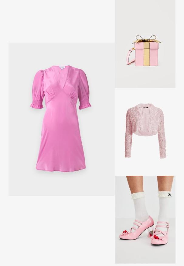 Cardigan court rose clair duveteux avec manches longues et devant ouvert, texturé avec un tissu doux et duveteux.; Robe en satin rose avec de courtes manches bouffantes, un décolleté en V et des détails froncés au niveau de la poitrine et des ourlets de manches. Texture lisse et brillante.; Talons hauts en cuir verni rose avec un bout arrondi, trois brides et des embellissements en cerise. Le talon bloc transparent présente des accents floraux. Chaussettes blanches à côtes.; Petit sac à main rose en forme de boîte avec une sangle verticale dorée brillante et un nœud sur le dessus, doté d'une sangle de poignet rose sur le côté.