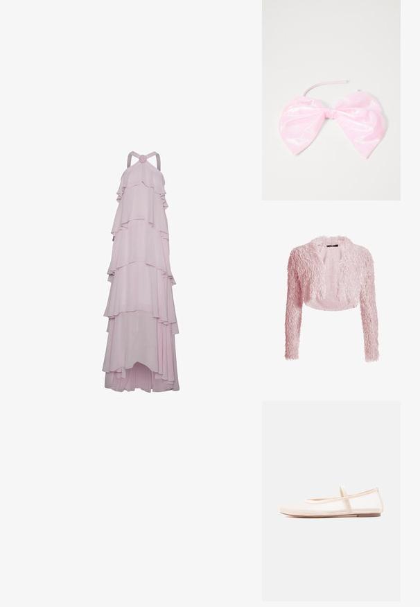 Cardigan court rose clair duveteux avec manches longues et devant ouvert, texturé avec un tissu doux et duveteux.; Une longue robe rose en tissu fluide, avec plusieurs volants superposés, un design à col haut et un accent circulaire au niveau du décolleté.; Ballerines avec une tige en mesh beige transparent et une bride en satin, dotées d'un bout arrondi et d'une semelle basse marron. Design léger et flexible.; Accessoire capillaire rose et brillant en forme de grand nœud, avec une texture lisse et une fine sangle pour le maintenir en place.