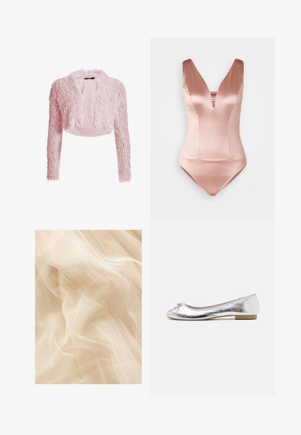 Lyserød cropped fluffy cardigan med lange ærmer og åben front, tekstureret med blødt, pjusket stof.; Lyserød satin svømmedragt med en dyb V-hals og brede skulderstropper. Har en tætsiddende bodice og kort bunden cut. Glat tekstur.; Lys beige tylstof med en blød, gennemsigtig tekstur, der har et fint netvæv, som skaber bløde bølger og folder.; Sølv balletflade med metallisk finish, rund tå, sløjfeaccent foran og en lav hæl for ekstra komfort.