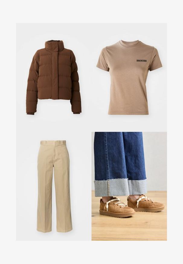 Doudoune courte marron avec un col haut, des sections matelassées, des fermetures à boutons-pression et des poignets côtelés pour plus de chaleur.; T-shirt en coton marron à manches courtes et col rond. Présente un logo noir "DICKIES" sur la zone gauche de la poitrine. Texture lisse.; Pantalons larges beiges en coton, dotés de passants de ceinture, d'une braguette zippée et de surpiqûres contrastées le long des coutures.; Pieds portant des baskets en daim beige avec de larges lacets crème, associées à un jean bleu large avec revers, debout sur un sol en bois.