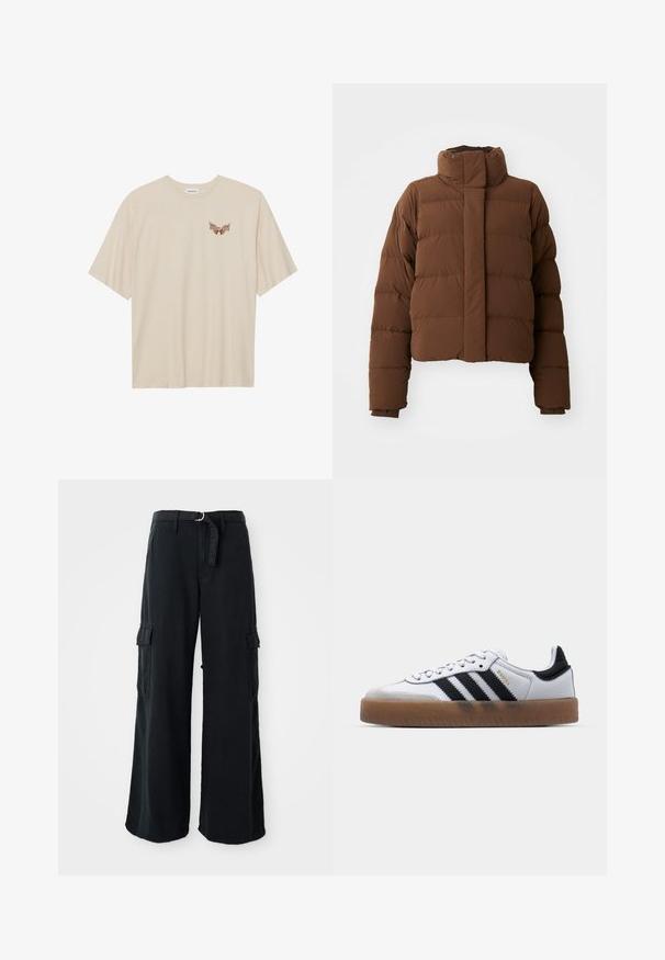 Doudoune courte marron avec un col haut, des sections matelassées, des fermetures à boutons-pression et des poignets côtelés pour plus de chaleur.; T-shirt en coton beige à manches courtes, avec un petit graphique marron d'ailes et le texte "SLEEPY CLUB" sur la poitrine.; Pantalons cargo larges noirs en coton avec ceinture à nouer, dotés de deux poches latérales et d'une texture de tissu lisse.; Baskets en cuir blanc avec des rayures noires, semelle extérieure en caoutchouc beige, bout rond, fermeture lacée et embout en suède gris doux.