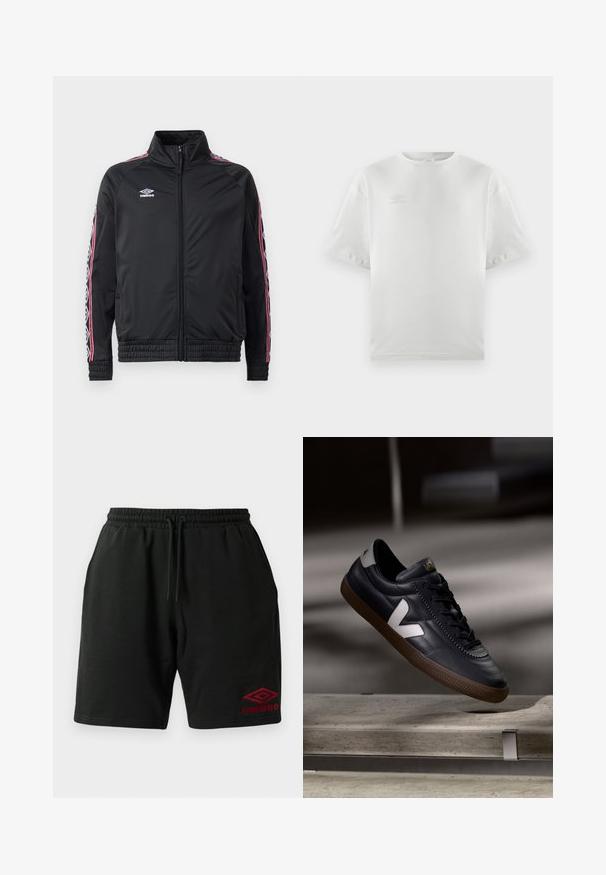 Schwarze Sportjacke mit hohem Kragen, Reißverschluss vorne und kontrastierenden roten und weißen gemusterten Streifen an den Ärmeln. Elastische Bündchen und Saum.; Weißes Baumwoll-T-Shirt mit kurzen Ärmeln, Rundhalsausschnitt und dezentem Logo in Hellgrau auf der Brust; glatte Textur und lässige Passform.; Schwarze Shorts mit Kordelzug, seitlichen Taschen und rotem Umbro-Logo, das am linken Bein unten gestickt ist.; Schwarze Leder-Sneaker mit weißem V-Logo, Schnürung vorne, durchbrochene Details und brauner Gummisohle; schlankes Design mit minimalen Akzenten.