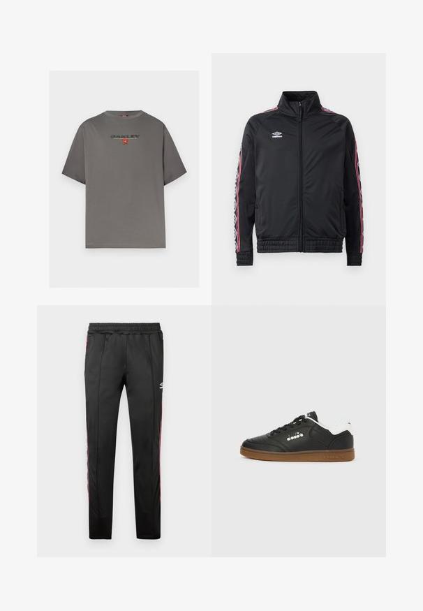 Veste de sport noire avec un col montant, fermeture zippée à l'avant et bandes décoratives en rouge et blanc contrastées sur les manches. Poignets et ourlet élastiques.; T-shirt gris à manches courtes avec le logo "OAKLEY" et un petit graphisme rouge centré sur la poitrine, présenté sur un fond blanc uni.; Pantalons de sport noirs en tissu lisse, avec des rayures latérales rouges, une taille élastique et un logo sur la cuisse droite.; Baskets en cuir noir avec languette blanche au talon, semelle en gomme, lacets noirs et logo argenté Diadora sur le côté et la semelle.