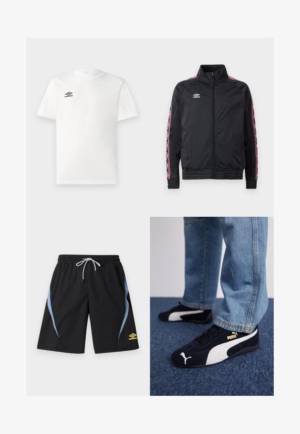 Schwarze Sportjacke mit hohem Kragen, Reißverschluss vorne und kontrastierenden roten und weißen gemusterten Streifen an den Ärmeln. Elastische Bündchen und Saum.; Weißes T-Shirt mit kurzen Ärmeln und schwarzem Umbro-Logo auf der linken Brust, Rundhalsausschnitt, schlichtes Design, auf hellem Hintergrund präsentiert.; Schwarze sportliche Shorts mit hellblauen Seitenstreifen, elastischem Bund, weißem Kordelzug und gelbem Umbro-Logo am linken Bein.; Schwarze Wildledersneaker mit weißen Akzenten und einem goldenen Logo. Getragen mit hellblauen Jeans und auf einer strukturierten blauen Oberfläche platziert.