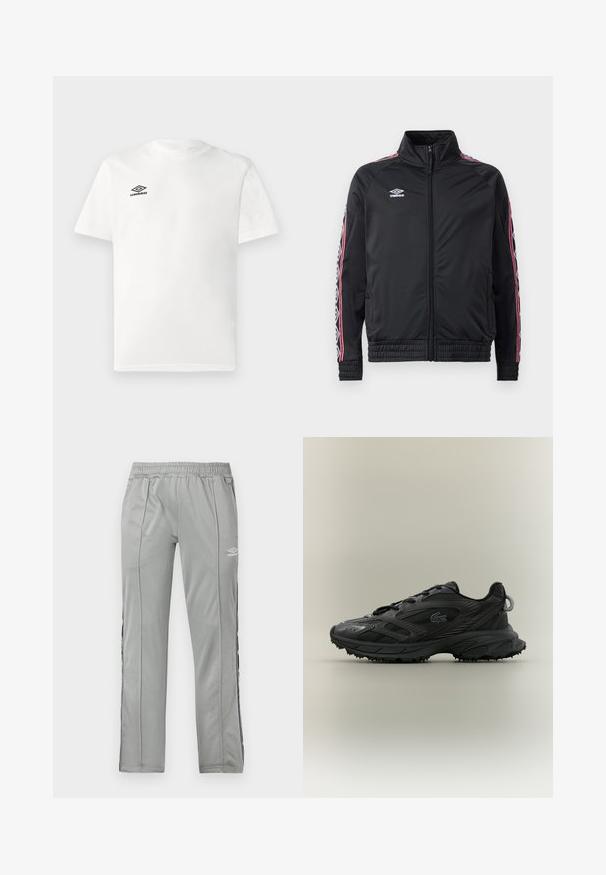 Schwarze Sportjacke mit hohem Kragen, Reißverschluss vorne und kontrastierenden roten und weißen gemusterten Streifen an den Ärmeln. Elastische Bündchen und Saum.; Weißes T-Shirt mit kurzen Ärmeln und schwarzem Umbro-Logo auf der linken Brust, Rundhalsausschnitt, schlichtes Design, auf hellem Hintergrund präsentiert.; Hellgraue Umbro-Sporthose mit elastischem Bund und schwarz-weißen Seitenstreifen, präsentiert vor einem weißen Hintergrund.; Schwarzer Sportschuh mit strukturiertem Obermaterial, eleganten Linien, Schnürverschluss und Gummilaufsohle mit Traktionsspikes. Prägung des Logodesigns.