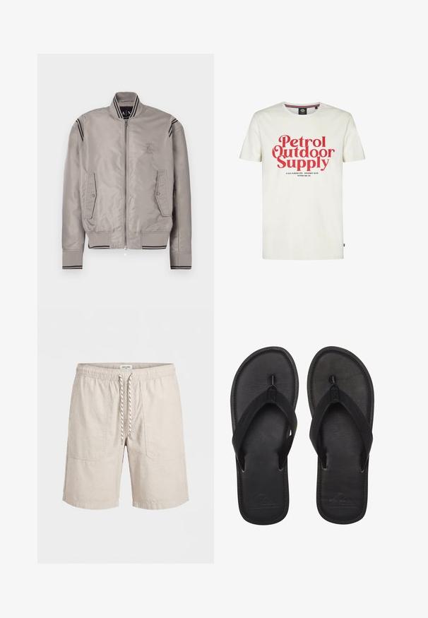 Cazadora bomber gris claro con cierre de cremallera, puños acanalados, dos bolsillos delanteros y detalles en rayas negras en los hombros. Material liso y brillante.; Camiseta de algodón blanca con gran texto rojo "Petrol Outdoor Supply" y texto negro más pequeño debajo. Mangas cortas, diseño de cuello redondo.; Pantalones cortos casuales beige con cintura elástica, bolsillos delanteros y cordón blanco, mostrados sobre un fondo liso.; Chanclas negras hechas de material suave, con una tira estilo thong, planta texturizada y logo en relieve en la suela.