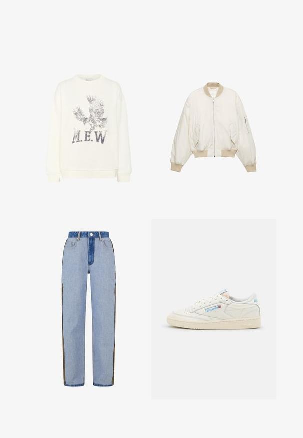 Veste bomber blanc cassé avec col, poignets et ceinture côtelés beige, fermeture éclair à l'avant, deux poches avant inclinées et poche zippée sur la manche gauche.; My Essential Wardrobe MWDIEGO EAGLE Sweatshirt - Sweatshirt - snow white; Jeans en denim bleu clair avec une coupe droite, présentant une taille en denim foncé contrastant et des accents latéraux décoratifs dans un motif unique.; Baskets Reebok en cuir blanc cassé avec des accents bleu clair. Présentent une pointe perforée, des lacets plats et une semelle en caoutchouc texturé.