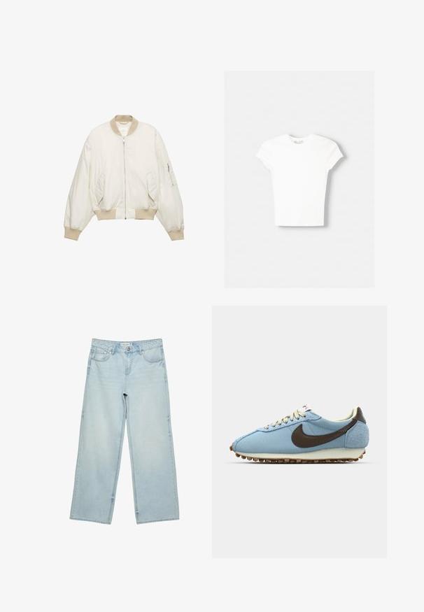 Off-white bomberjakke med beige ribkantet krave, manchetter og linning, lynlås foran, to skrå forlommer og lynlåslomme på venstre ærme.; Hvid kortærmet t-shirt lavet af blød bomuld, med rund halsudskæring og en tætsiddende form. Ingen synlige mønstre eller udsmykninger.; Lyseblå vidde jeans med forlommer, bæltestropper og knaplukning, lagt fladt på en hvid baggrund.; Blå atletiksko lavet af mesh og ruskind. Har et brunt Nike Swoosh, beige snørebånd og en struktureret gummisål for godt greb.
