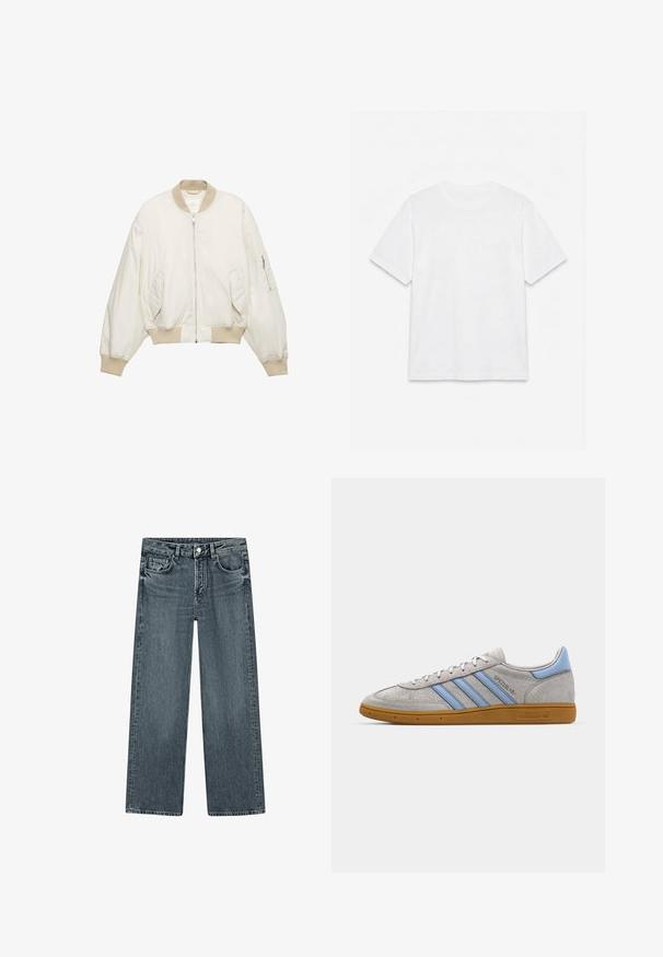 Off-white bomberjakke med beige ribkantet krave, manchetter og linning, lynlås foran, to skrå forlommer og lynlåslomme på venstre ærme.; Hvid ensfarvet t-shirt med korte ærmer og rund hals, lagt fladt på en hvid baggrund.; Jeans med lige ben i blå denim med forlommer, bæltestropper og knaplukning i taljen, vist fladt på en hvid baggrund.; Grå ruskinds sneakers med lyseblå striber, gummisål i farven gum og logo detaljer. Lavt design med rund tå og snørelukning.
