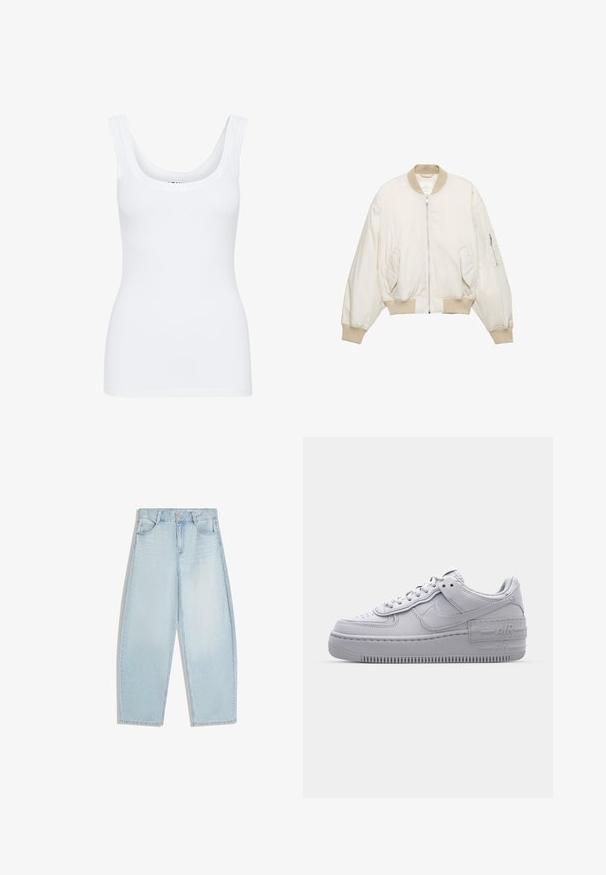 Off-white bomberjakke med beige ribkantet krave, manchetter og linning, lynlås foran, to skrå forlommer og lynlåslomme på venstre ærme.; Hvid tanktop med rund udskæring, brede skulderstropper og tætsiddende design, lavet af et glat, strækbart stof.; Lyseblå straight-leg jeans lavet af denim. Har forlommer, bæltestropper og en ren afslutning ved kanten med minimal falmen og tekstur.; Grå Nike Air Force 1 sneakers med perforeret tå, glat læderoverdel, tyk sål og præget 'AIR' detalje på hælen.