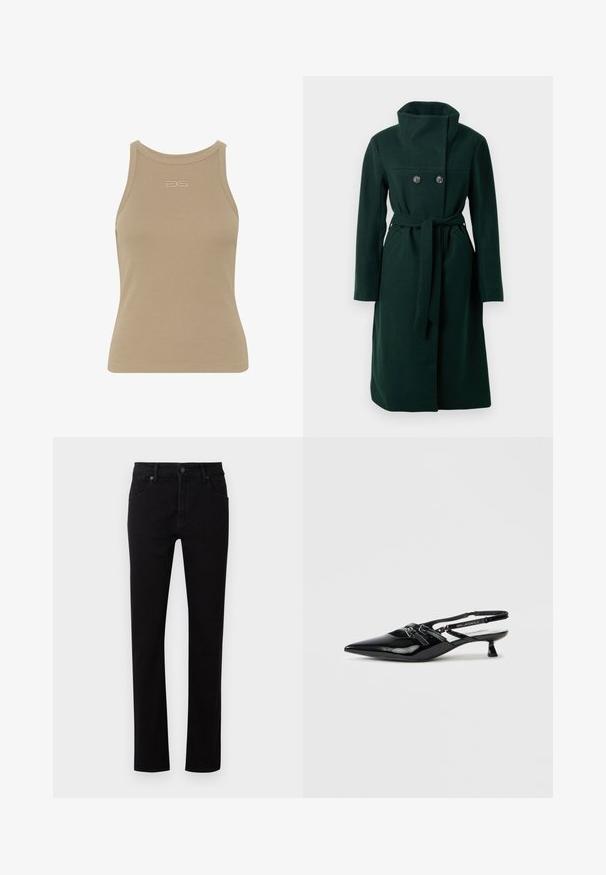 Manteau en mélange de laine vert foncé avec un col haut, un design à double boutonnage, des poches avant et une ceinture en tissu. Texture lisse avec un minimum de détails.; Débardeur beige à côtes avec un col rond, sans manches, et un petit logo en relief au centre devant. Texture de tissu douce.; Jean en denim noir avec une coupe droite. Comprend cinq poches, une fermeture à bouton à l'avant et des détails de couture subtils le long des coutures.; Chaussure slingback en cuir verni noir avec bout pointu, petit talon carré et bride ajustable ornée de détails découpés et d'accents logo.