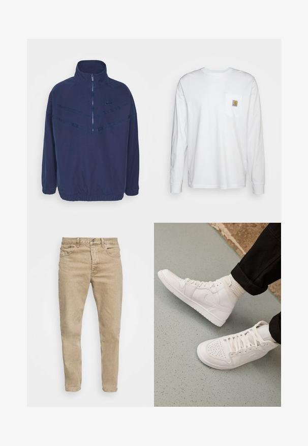 Marineblå Nike pulloverjakke med høj krave, halv lynlås og ribbet kant. Har trekantede stripe designs og et logo.; Langærmet hvid skjorte lavet af bomuld, med en brystlomme og et kvadratisk logomærke. Simpelt design med rund udskæring og manchetter.; Beige denim jeans med klassisk pasform, fem-lomme design og diskret falmning. Har en metalknap og lynlåslukning.; Hvide høj-top sneakers lavet af glat læder med perforeret tå, snørelukning og subtil logo detaljer på siden. Tekstureret gummisål.