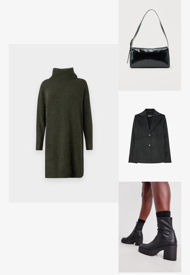 Blazer en mélange de laine gris foncé avec un col cranté, deux poches avant et trois boutons décoratifs en argent sur le devant.; Robe en tricot vert à col roulé avec des manches longues, des poignets côtelés et des fentes sur les côtés, offrant une texture douce et une coupe décontractée.; Bottes noires en cuir au niveau des chevilles avec un design plissé, un talon haut épais et une semelle en caoutchouc texturée. Comprend une fermeture éclair sur le côté.; Sac d'épaule rectangulaire noir avec une sangle réglable unique et une fermeture éclair supérieure sur un fond uni.