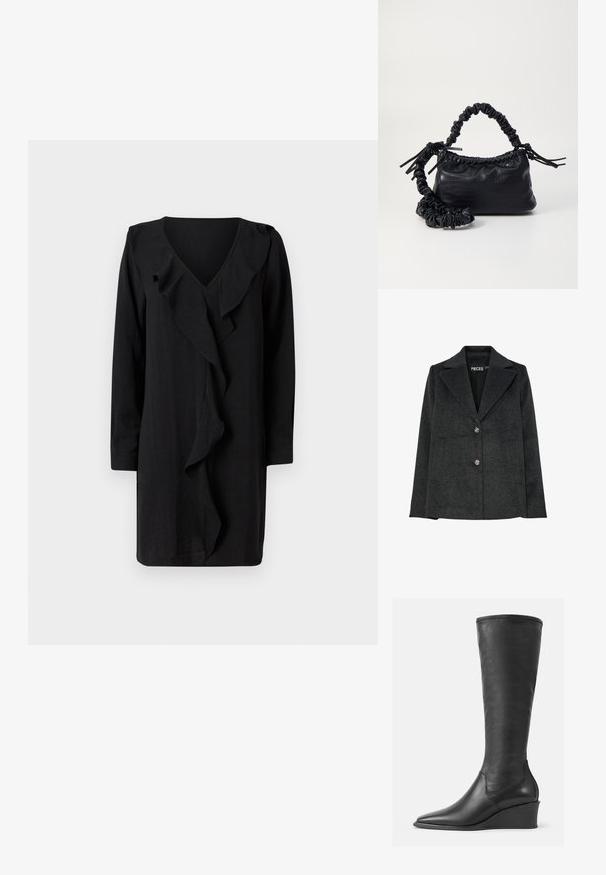 Dunkelgrauer Blazer aus Wollmischung mit Reverskragen, zwei vorderen Taschen und drei dekorativen silbernen Knöpfen auf der Vorderseite.; Schwarzes Kleid mit V-Ausschnitt und einem gerafften Frontdetails. Lange Ärmel und eine lässige Passform unterstreichen die elegante Ausstrahlung. Weicher Stoff.; Schwarze Lederstiefel bis zur Knie mit einer glatten Textur, spitzem Zeh und Wedge-Absatz; verfügen über eine gestickte Kante am oberen Rand.; Schwarze Handtasche aus Kunstleder mit Krokodilstruktur, gerafftem oberen Teil und einem geschoppten Tragegurt. Sie wirkt weich und kompakt im Design.