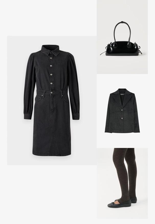 Blazer de mezcla de lana en gris oscuro, con cuello de muesca, dos bolsillos frontales y tres botones decorativos plateados en la parte delantera.; Vestido de mezclilla negra con cierre de botones en la parte delantera, cuello puntiagudo, cintura elástica, mangas largas abullonadas y dos bolsillos laterales.; Piernas con leggings oscuros acanalados combinados con bailarinas negras que presentan pequeños detalles de lazo sobre un fondo blanco.; Pequeño bolso negro brillante con dos asas largas y detalles de cordón lateral sobre un fondo claro liso.