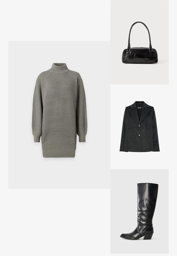 Dunkelgrauer Blazer aus Wollmischung mit Reverskragen, zwei vorderen Taschen und drei dekorativen silbernen Knöpfen auf der Vorderseite.; Übergroßer grauer Strickpullover mit hohem Kragen, gerippten Bündchen und strukturierter Oberfläche. Verfügt über gesenkte Schultern und eine lockere Passform.; Schwarze Leder-Stiefel bis zum Knie mit spitzem Zeh, angularer Ferse und glatter Textur. Verfügt über einen dezenten gesteppten Akzent an der Seite.; Schwarze Lederhandtasche in rechteckiger Form, mit einem stabilen Griff, silbernem Zubehör und Reißverschluss. Glatte Textur.
