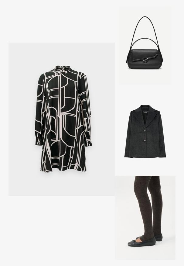 Donkergrijze blazer van een wolmix met een notch-kraag, twee voorzakken en drie decoratieve zilveren knopen aan de voorkant.; Zwarte jurk met lange mouwen, abstracte witte geometrische lijnen, hoge kraag met kleine ruches en een lichte A-lijn silhouet.; Benen met donkere geribbelde leggings gecombineerd met zwarte ballerina's met kleine strikdetails op een witte achtergrond.; Zwarte leren handtas met afgeronde hoeken, asymmetrische klep, metalen ronde sluiting en zowel korte als lange schouderriemen.