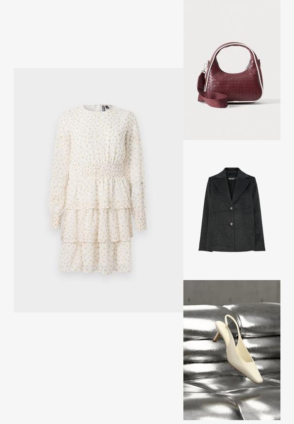 Mørkegrå, uldblandet blazer med slå-krave, to frontlommer og tre dekorative sølvknapper ned langs forsiden.; Lagdelt kjole i lys creme med små beige blomster mønstre. Har lange ærmer og en smocket talje for en tætsiddende form.; Kremfarvet slingback kitten heel sko med firkantet tå hviler på en skinnende sølv tuftet læderoverflade.; Mørkerød vævet lædertaske med buet hank, hvid kant, sølv lynlås og aftagelig bred stofskulderrem mod en ensfarvet baggrund.