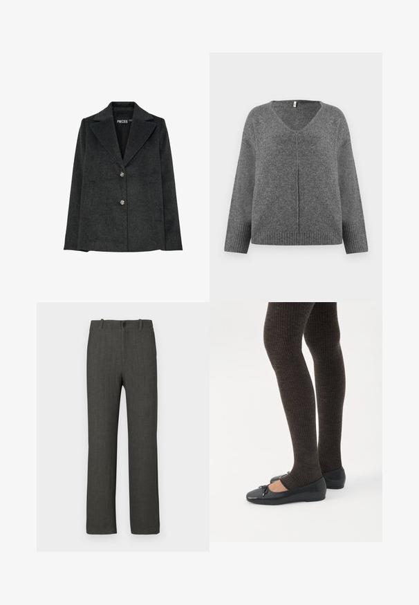 Blazer en mélange de laine gris foncé avec un col cranté, deux poches avant et trois boutons décoratifs en argent sur le devant.; Pull gris en V à manches longues, fabriqué dans un matériau doux. Présente des détails côtelés aux poignets et à l'ourlet, avec une coupe ample et décontractée.; Pantalon gris à texture lisse, coupe droite, avec un motif à carreaux discret. Il présente une fermeture à bouton et des passants pour ceinture.; Jambes portant des leggings côtelés foncés associés à des ballerines noires avec de petits détails en nœud sur fond blanc.