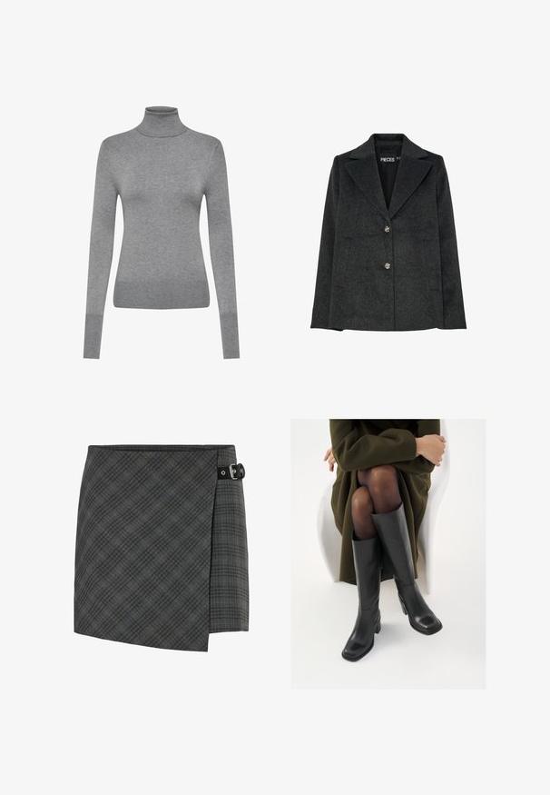 Blazer en mélange de laine gris foncé avec un col cranté, deux poches avant et trois boutons décoratifs en argent sur le devant.; ONLY ONLVENICE ROLLNECK - Pullover - light grey melange; Jupe en laine à carreaux gris foncé avec un détail de boucle noire sur le côté droit, ourlet droit et un motif subtil de lignes diagonales.; Bottes en cuir noires arrivant au genou, avec un bout carré et un talon carré, présentées sur un modèle assis dans un manteau vert olive. Texture lisse, détails minimaux.