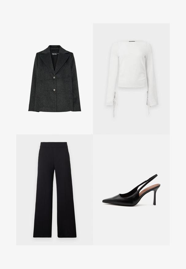 Blazer en mélange de laine gris foncé avec un col cranté, deux poches avant et trois boutons décoratifs en argent sur le devant.; Haut blanc à manches longues et ajusté, en tissu texturé avec des liens aux poignets, présentant un décolleté droit et une longueur courte.; Pantalon noir à jambes larges avec une taille ajustée et un devant lisse, présenté sur un fond clair uni.; Chaussure slingback à talon haut en cuir noir à bout pointu avec talon aiguille fin et bride arrière ouverte sur fond blanc.
