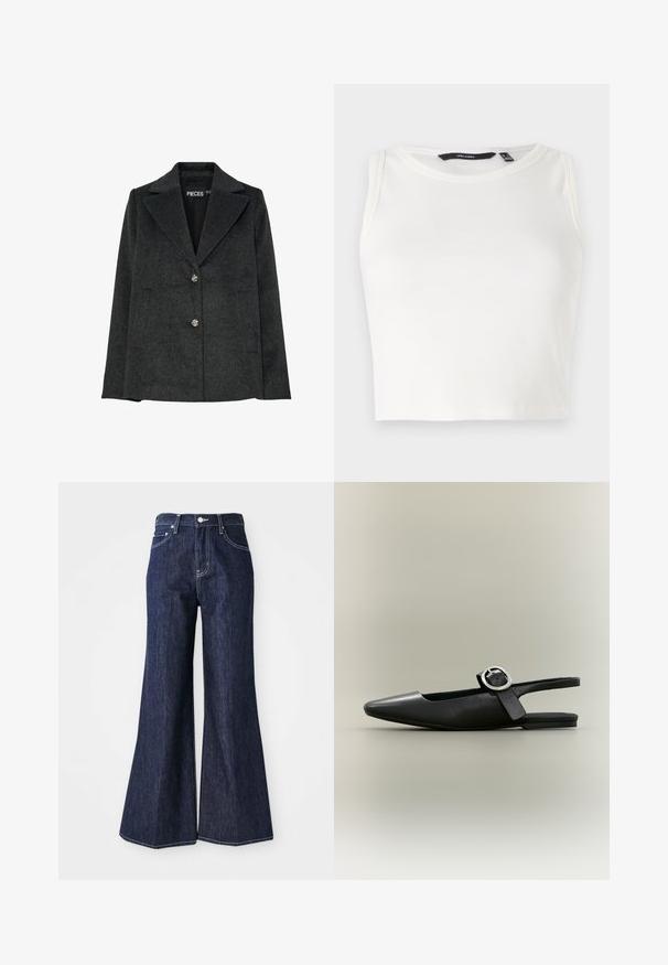 Blazer de mezcla de lana en gris oscuro, con cuello de muesca, dos bolsillos frontales y tres botones decorativos plateados en la parte delantera.; Top sin mangas blanco de canalé con escote redondo. La tela parece suave y elástica, sin adornos ni patrones visibles.; Jeans de mezclilla oscura con campana y cintura alta, que presentan un cierre de botón y cremallera. Las costuras blancas y las piernas anchas crean una silueta estructurada.; Zapato plano tipo slingback negro con punta afilada, hebilla plateada y tacón bajo sobre un fondo neutro.