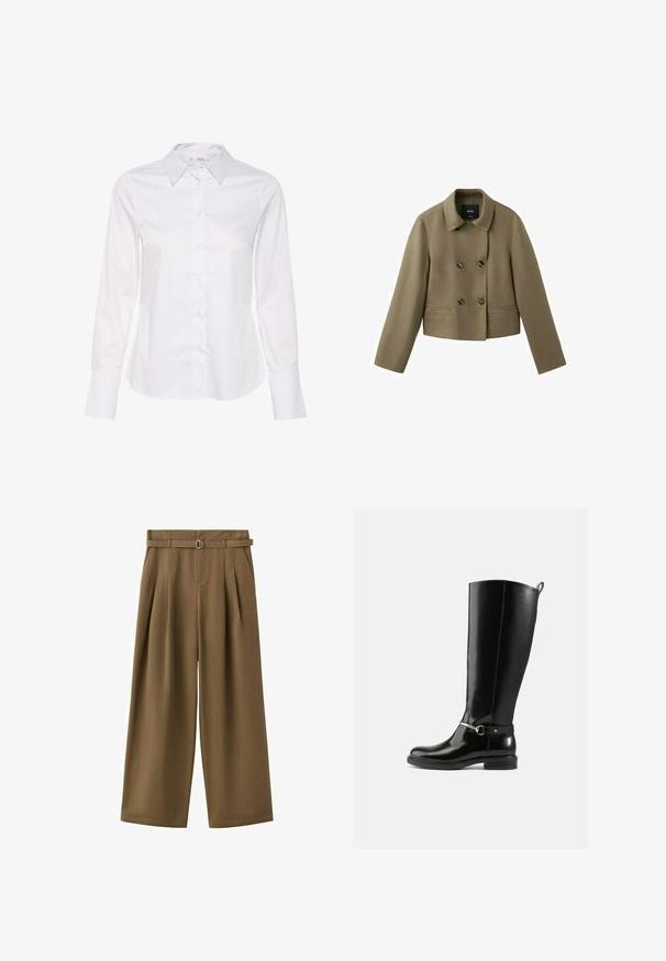 Veste en laine courte vert olive à double boutonnage avec quatre boutons noirs et un col classique.; Chemise blanche à manches longues avec un col classique, une fermeture par boutons à l'avant et un ourlet droit. Fabriquée en tissu lisse avec un design épuré.; Pantalon marron taille haute à jambes larges avec des plis et une ceinture assortie en tissu avec une boucle argentée.; Bottes noires montantes en cuir verni, avec un détail de boucle argentée à la cheville et une conception à bout arrondi. Semelle plate.