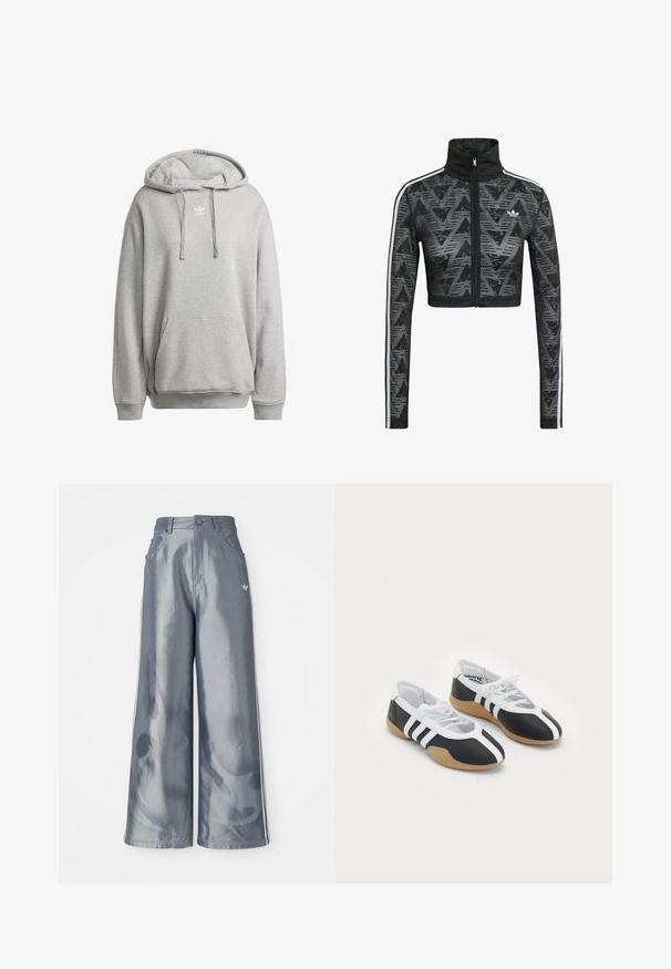 Sort cropped jakke med lynlås og høj krave, der har et tekstureret chevronmønster og hvide sidestriber. Fremstillet af let og åndbart stof.; Grå hætte sweatshirt lavet af bomuldsblanding, med en frontlomme, ribbede manchetter og et hvidt logo på brystet.; Bredde benbukser i skinnende grå materiale med hvide sidelookstriber og et flammemønster på underbenene. Knap- og lynlåslukning i taljen.; Sort-hvide sportsko med et slankt design, gummisål, snørebåndslukning og tre hvide striber på siden.