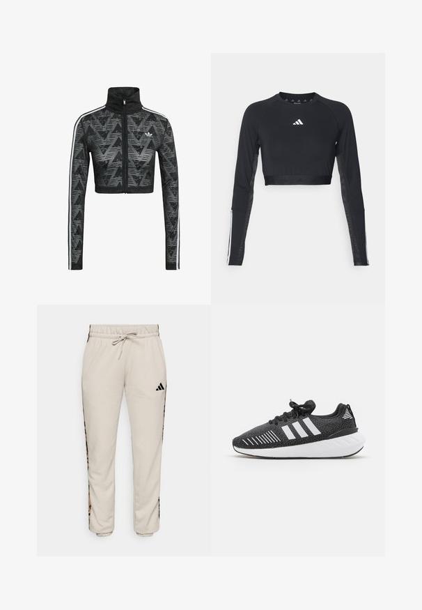 Schwarze, kurz geschnittene Jacke mit Reißverschluss und hohem Kragen, mit einem strukturierten Chevron-Muster und weißen Seitenstreifen. Hergestellt aus leichtem, atmungsaktivem Stoff.; Schwarzes, verkürztes Langarm-Workout-Oberteil aus glattem Material. Mit einem weißen Logo auf der Brust und gestreiften Akzenten an den Ärmeln.; Hellbeige Sweatpants aus weichem Stoff, mit einem verstellbaren Bund und schwarzen Seitenpaneelen mit einem Leopardenmuster.; Schwarze Sportschuhe mit einer strukturierten Oberseite, einem weißen Drei-Streifen-Design, einer Gummisohle und kontrastierenden weißen Akzenten an der Ferse.