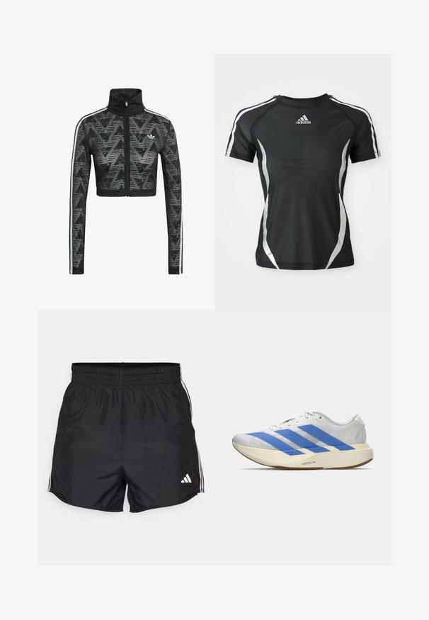 Zwarte cropped ritsjack met hoge kraag, voorzien van een getextureerd chevronpatroon en witte zijstrepen. Gemaakt van lichtgewicht, ademende stof.; Zwarte Adidas sport T-shirt met korte mouwen, voorzien van witte strepen op de schouders en zilveren gebogen accenten aan de zijkanten.; Zwarte sportshorts met een elastische tailleband, zijsplitten en witte drievoudige strepenaccenten. Bevat een klein wit logo op de rechteronderkant.; Witte hardloopschoen met drie blauwe strepen, lichtbeige dikke zool met label "Lightstrike Pro," en witte veters op een effen achtergrond.