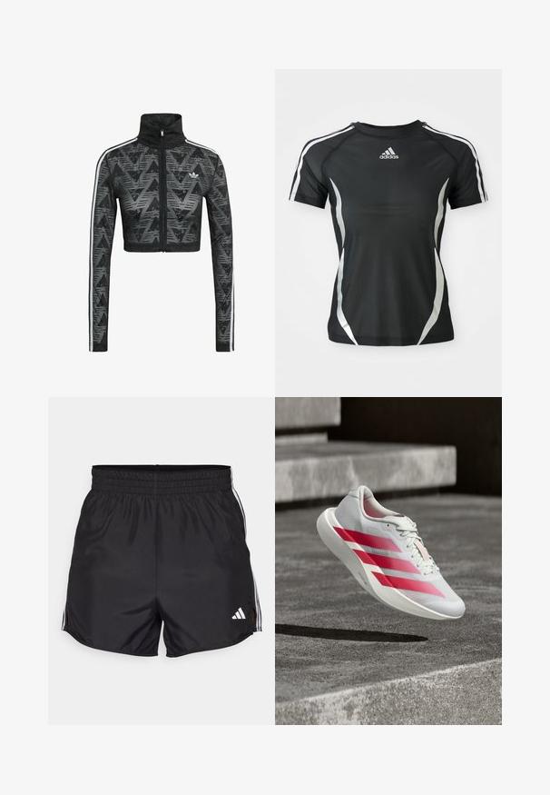 Sort cropped jakke med lynlås og høj krave, der har et tekstureret chevronmønster og hvide sidestriber. Fremstillet af let og åndbart stof.; Sort Adidas atletisk T-shirt med korte ærmer, hvide striber på skuldrene og sølvfarvede buede detaljer på siderne.; Sort atletiske shorts med elastisk talje, sideslids og hvide tre-stribes detaljer. Har et lille hvidt logo nederst til højre.; Hvid løbesko med tre markante røde striber, i luften over betontrin, der fremhæver letvægtsdesign og tekstureret sål.