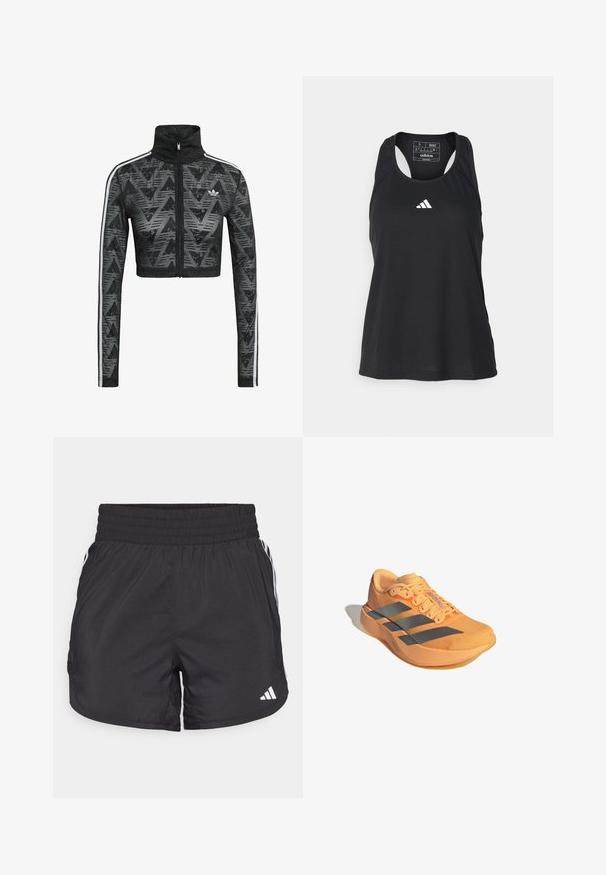 Sort cropped jakke med lynlås og høj krave, der har et tekstureret chevronmønster og hvide sidestriber. Fremstillet af let og åndbart stof.; Sort ærmeløs atletisk tanktop med rund halsudskæring og hvidt logo på brystet. Fremstillet af et glat, let materiale.; Sorte atletiske shorts med elastisk talje, sidelommer og hvid stribeaccent på siderne. Fremstillet af letvægtsmateriale.; Adizero løbesko i lys orange med et struktureret overdel, tre grå striber og en let sål for forbedret ydeevne.
