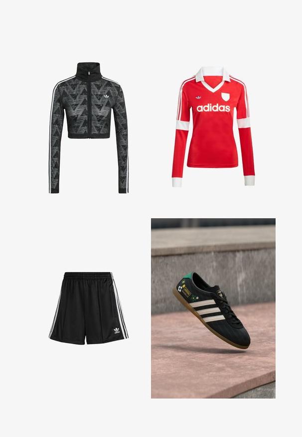 Zwarte cropped ritsjack met hoge kraag, voorzien van een getextureerd chevronpatroon en witte zijstrepen. Gemaakt van lichtgewicht, ademende stof.; Rode lange mouwen voetbalshirt met een witte kraag en manchetten. Heeft drie witte strepen op de schouders en het "adidas" logo prominent weergegeven.; Zwarte sportshorts met een elastische tailleband, voorzien van witte zijstrepen en een ritszak aan de rechterkant. Adidas-logo aan de onderkant links.; Zwarte sportschoen met witte strepen, een bovenwerk met patroon en bloemenaccenten, en een groene hiel. Rubberen zool zorgt voor grip.