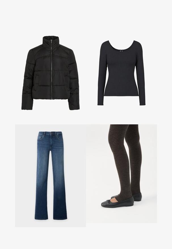 Zwarte gewatteerde jas met hoge kraag, ritssluiting, doorgestikte textuur en zijzakken. Heeft een cropped ontwerp en lichtgewicht stof.; Zwarte geribde lange mouwen top met een ronde hals. Het materiaal is zacht en rekbaar, met een verticale ribbelstructuur over het gehele stuk.; Blauwe high-waist jeans met rechte pijpen, knoop- en ritssluiting, voor- en achterzakken, getoond op een effen lichte achtergrond.; Benen met donkere geribbelde leggings gecombineerd met zwarte ballerina's met kleine strikdetails op een witte achtergrond.