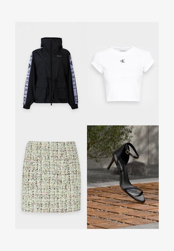 Must musta lukuga kapuutsiga jakk, millel on esiservade taskud ja valged kaubamärgiga triibud varrukatel, millel on kiri "EA7 Emporio Armani".; Valge lühikese varrukaga lõhiku t-särk, mis on valmistatud ribakanga. Omab ümmargust kaelust ja lühikesi varrukaid. Rinnal on must tikandiga "cK" logo.; Hele roheline lühike tweed seelik, millel on tekstuuriga kangas mitmevärviliste täppidega, kaks eesmist taskut ja hõbedased nupud.; Mustad kõrge kontsaga sandaal pahkluu rihmaga näib rippuvat puidust plaatide põranda kohal õues, taustal udune rohelus ja kivimüür.
