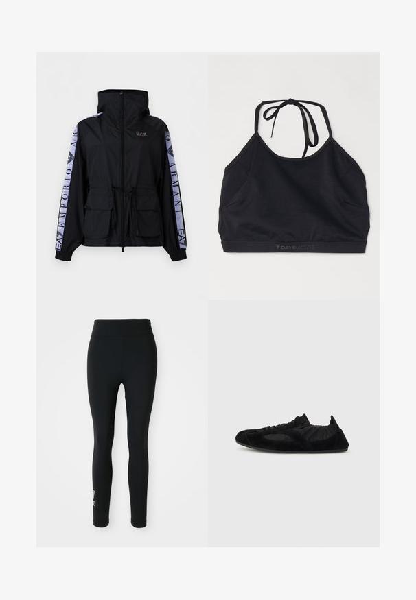 Must musta lukuga kapuutsiga jakk, millel on esiservade taskud ja valged kaubamärgiga triibud varrukatel, millel on kiri "EA7 Emporio Armani".; Mustast sportlikust lühikesest topsest, mis on valmistatud venivast kangast. Omab sidumisega seljaosa, ümmargust kaelust ja pehmet logo äärel.; Mustavad legginsid, mis on valmistatud venivast kangast, kõrge vöökoht ja ühe jalaga on väike trükitud logo. Sile tekstuur, keha tagav vorm.; Mustad kerge toss, millel on seemisnahast aksendid, elastne pahkluuosa ja õhuke tald, näidatud küljelt tavalise tausta ees.