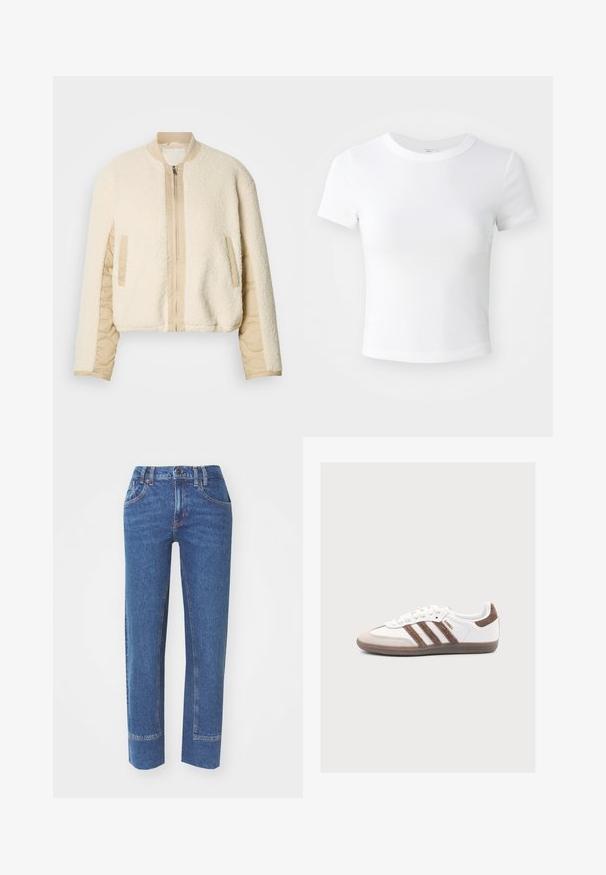 Chaqueta bomber color crema con exterior esponjoso, mangas acolchadas en tono beige, cuello de canalé y dos bolsillos laterales. Cierre frontal con cremallera.; Camiseta corta de manga corta blanca, con cuello redondo, exhibida sobre un fondo neutral claro.; Jeans de denim azul con corte recto, cinco bolsillos y detalles de costura en contraste. La tela tiene una ligera textura y un acabado clásico.; Zapatilla blanca Adidas Samba con rayas de ante marrón y lengüeta en el talón, puntera beige y suela de goma sobre fondo liso.