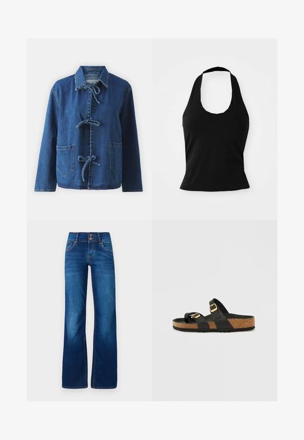 Chaqueta de denim en azul oscuro con un corte relajado, que presenta un cuello extendido, cierres de lazo y dos bolsillos frontales tipo parche.; Top negro tipo halter hecho de una tela suave, con un escote redondeado y una silueta ajustada, con una textura lisa y sin patrones visibles.; Jeans de pernera ancha en denim azul, con dos botones frontales, costuras naranjas y una textura suave. Diseño clásico de cinco bolsillos.; Sandalias negras cómodas con dos correas ajustables, hebillas doradas y una plantilla de corcho, con una suela de goma negra texturizada.