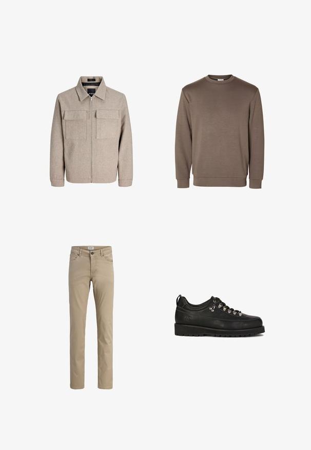 Beige, strukturiere Jacke mit Kragen, mit Reißverschluss vorne und zwei Brusttaschen. Sie hat einen geraden Schnitt und lange Ärmel.; Brauner Pullover aus weichem Material, mit rundem Ausschnitt, langen Ärmeln und gerippten Bündchen an den Enden.; Beige Slim-Fit Freizeithose mit Knopf und Reißverschluss vorne, Gürtelschlaufen und Vordertaschen, dargestellt auf weißem Hintergrund.; Kazar Studio KS BLAISE - Sportlicher Schnürer - black